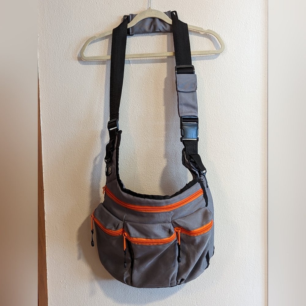 DIAPER DUDE MESSENGER DIAPER BAG, GRAY, ORANGE ZIPPERS, MULTIPLE POCKETS